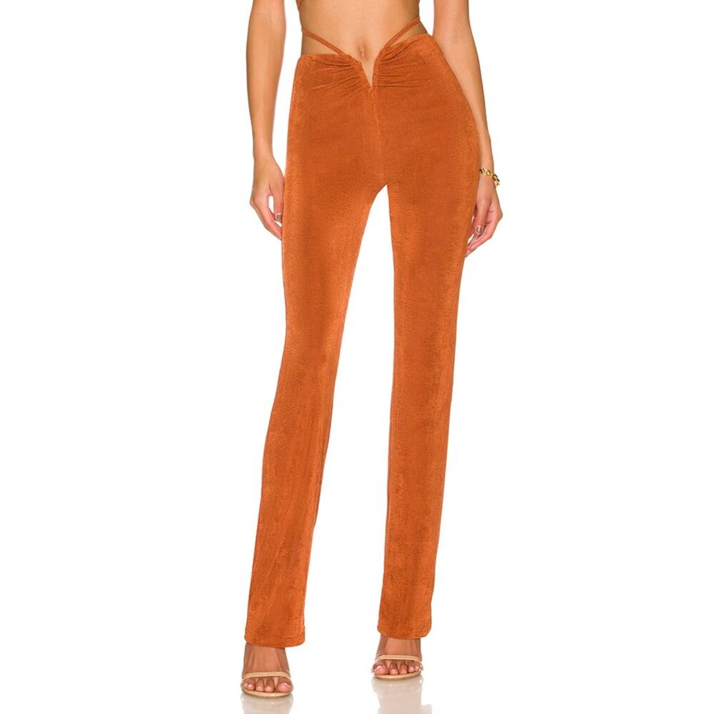 Superdown Irene Strappy Pants Brown Slinky‎ Jersey V-Cut Straight Leg Sz M